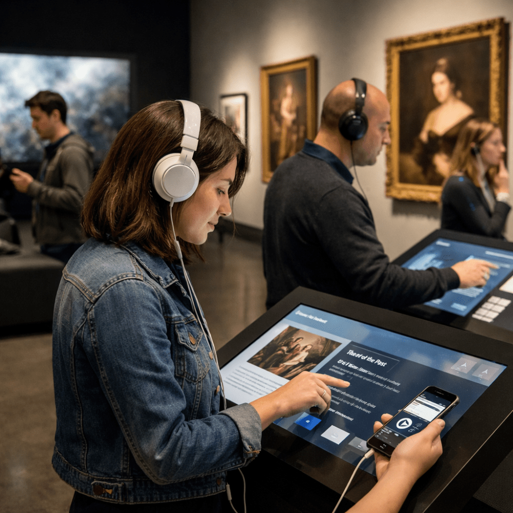 People wearing headphones using touchscreen information panels in an art gallery