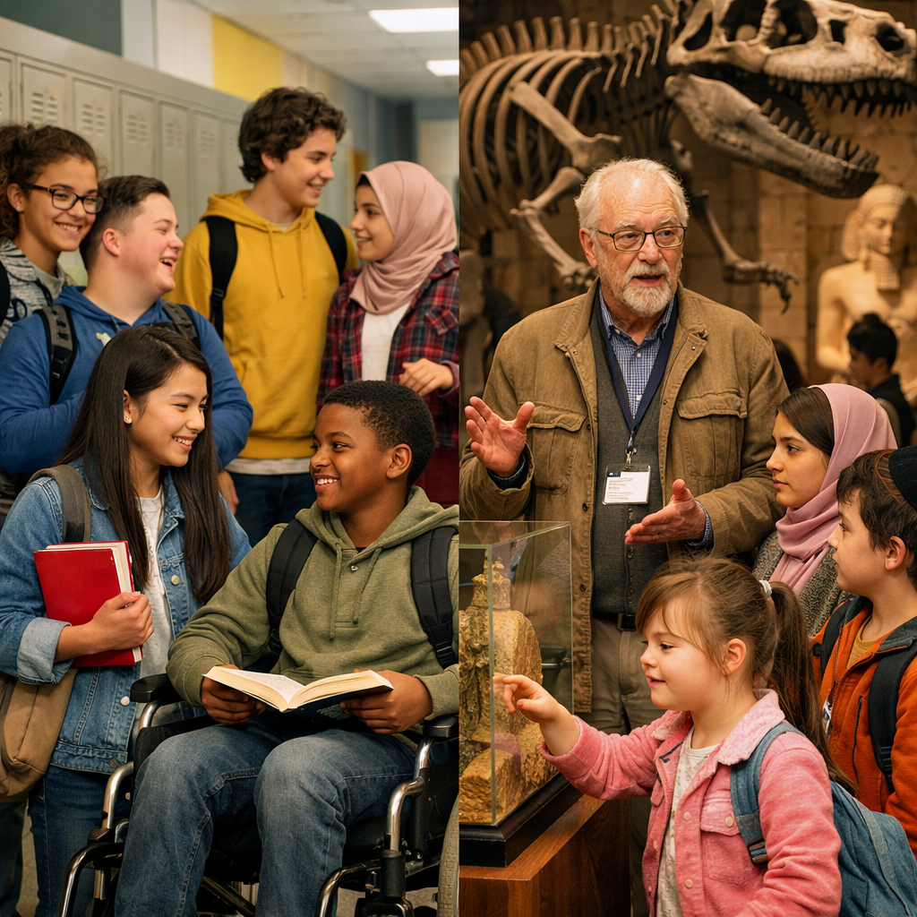 Diverse group of students in a school hallway and museum with a teacher explaining exhibits