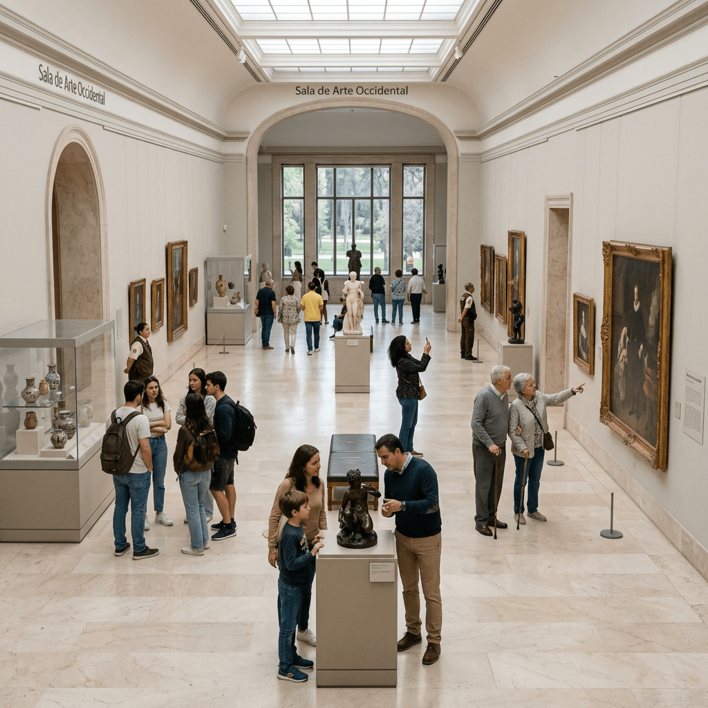 Visitors observing paintings, sculptures, and exhibits in a Western art gallery hall