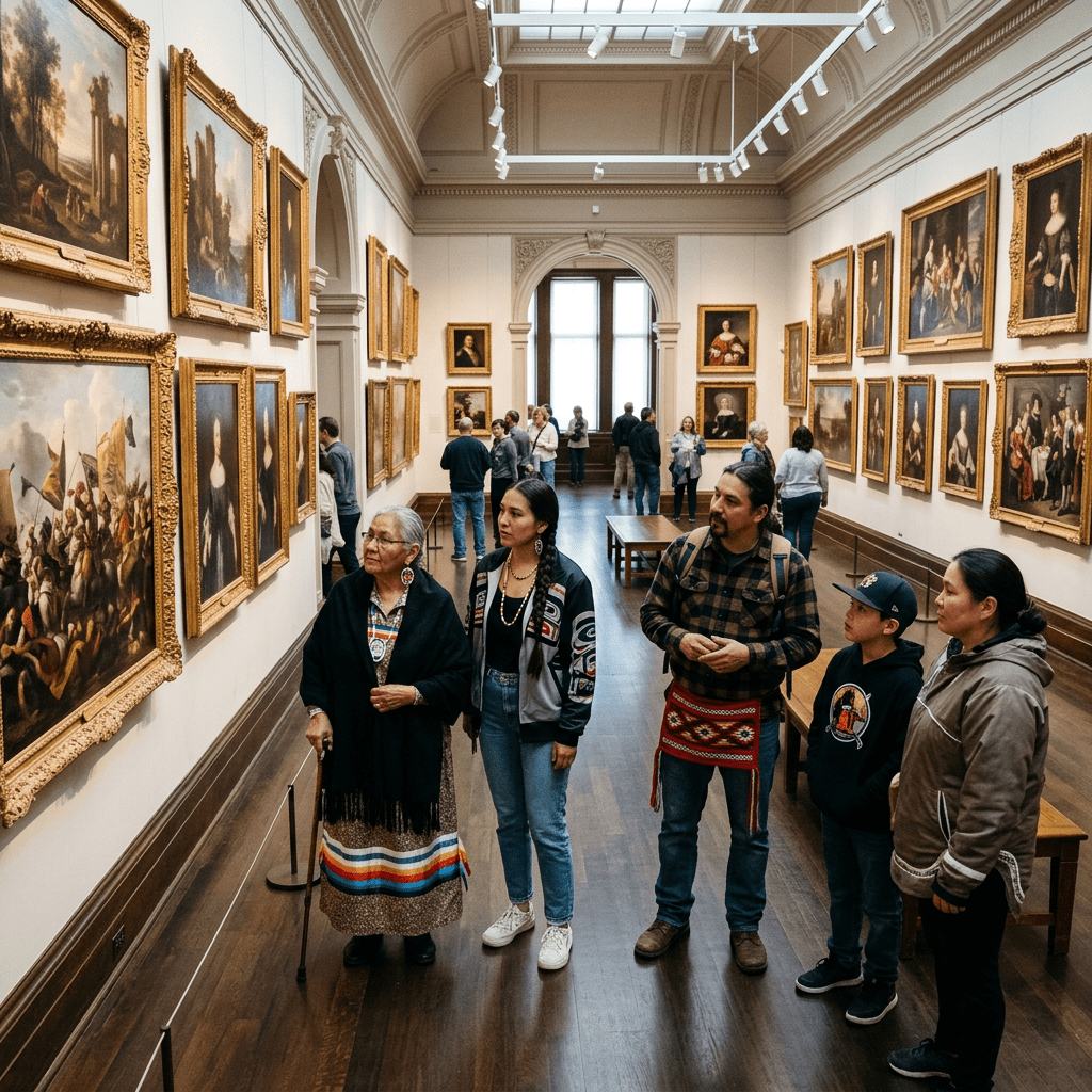 Group of people looking at framed historic paintings in an art gallery