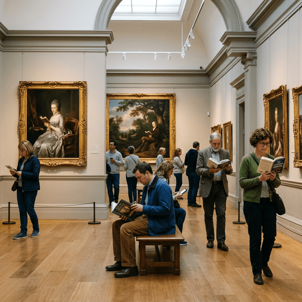 People reading books and brochures inside an art museum gallery with classical paintings on the walls