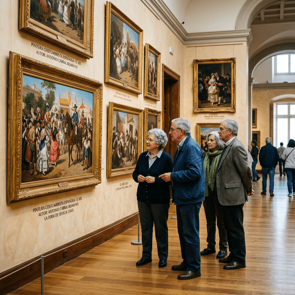 Four older adults looking at framed 19th-century Spanish paintings in a museum hall