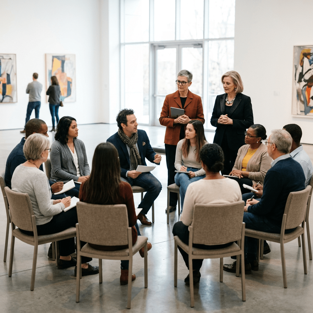 Museum circle discussion with mediator, curator, director behind