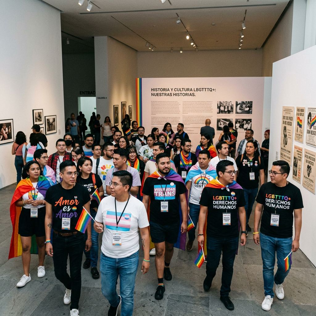 Group of people at an LGBTQ+ history and rights event with rainbow flags and activist shirts
