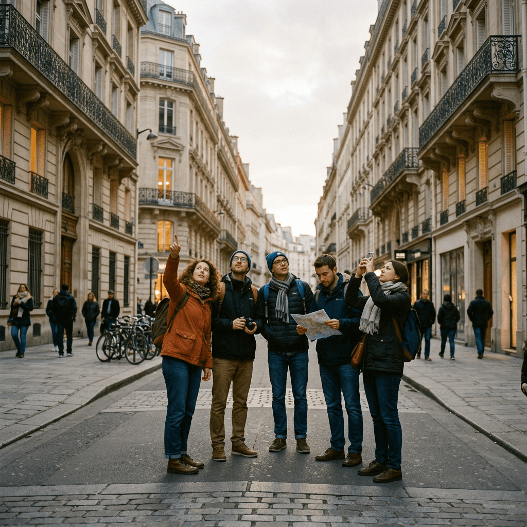 Five people standing on a cobblestone street in a European city looking at a map and pointing around.