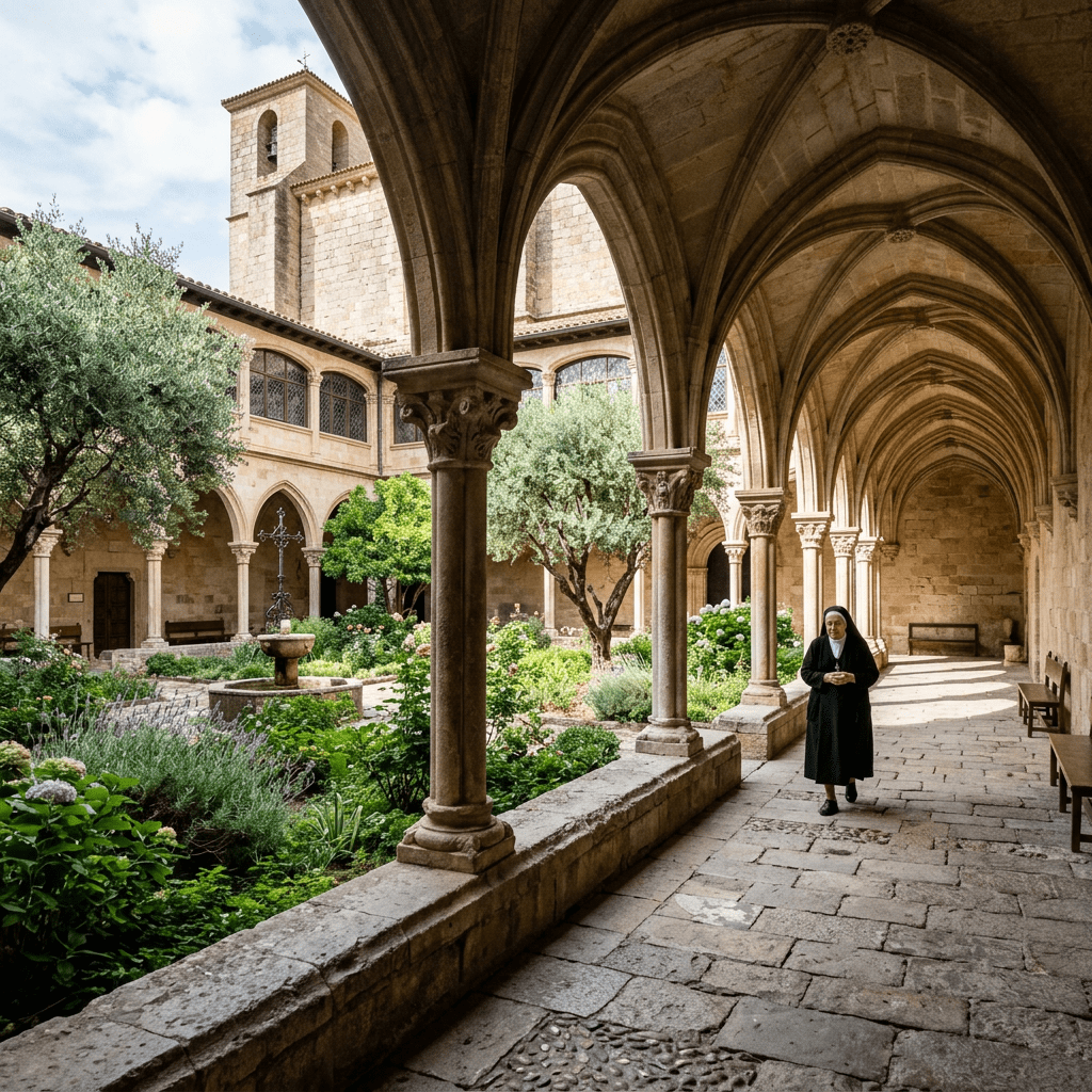 Nun walking along a stone corridor in a medieval cloister garden with arches and lush plants
