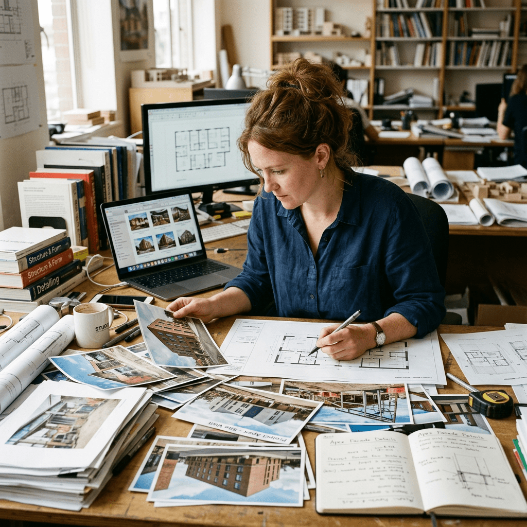 Architect reviewing architectural photographs and floor plans