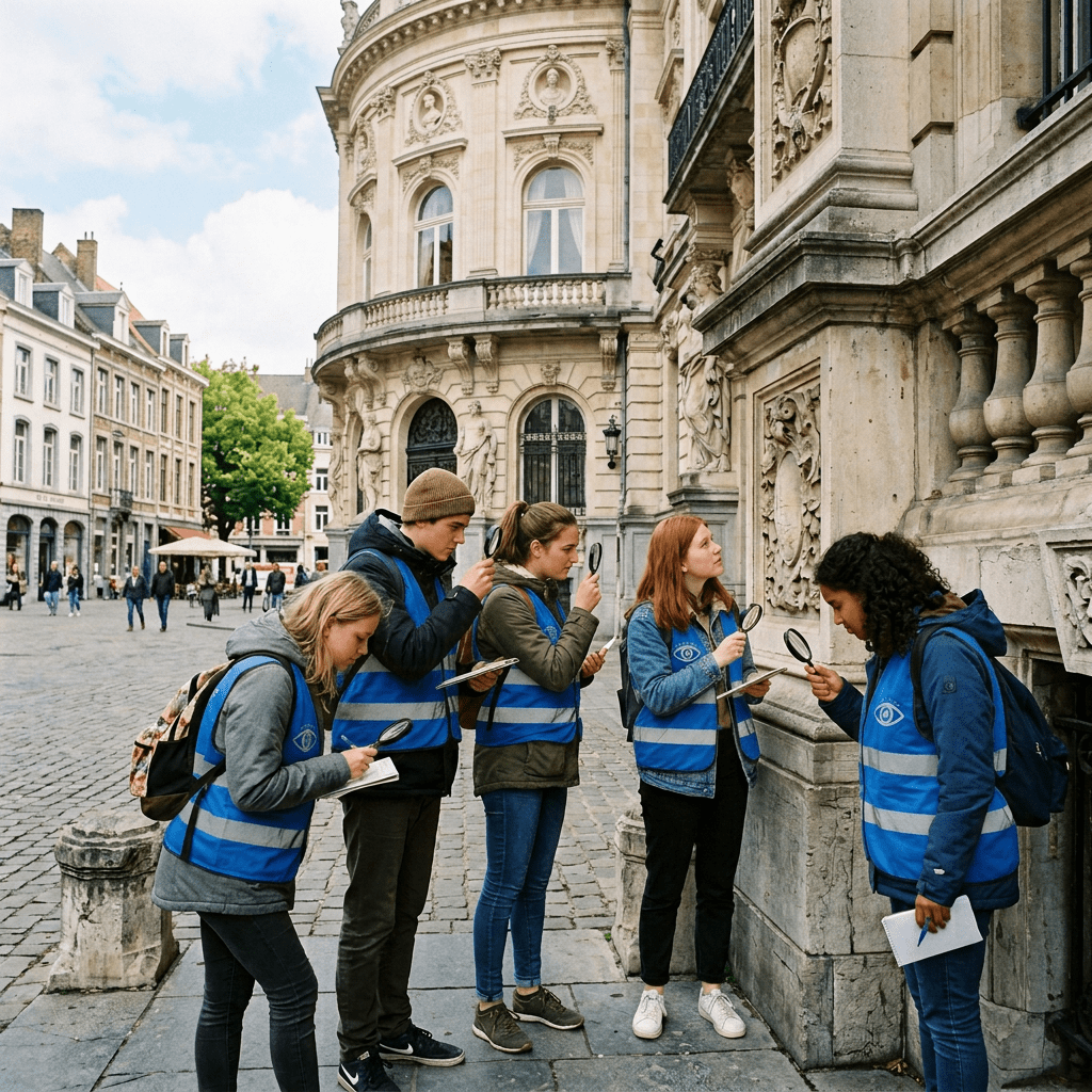 Students in orange and yellow safety vests examining building details with magnifying glasses